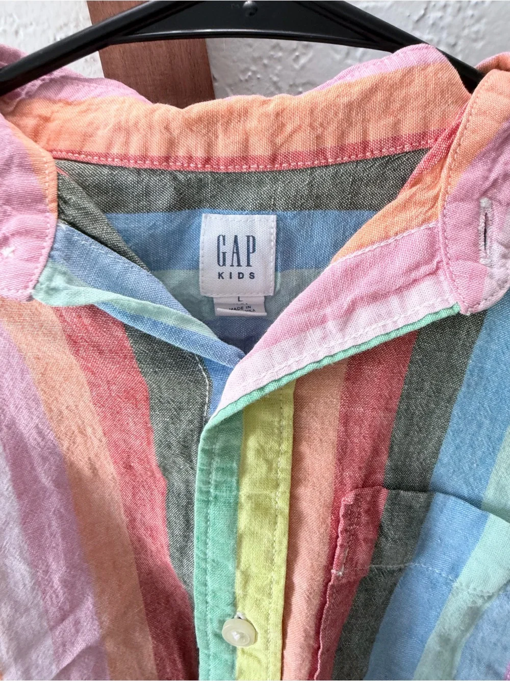 GAP Rainbow Stripe Short Sleeve Button-Up Shirt - Pink, Yellow, Green, Blue